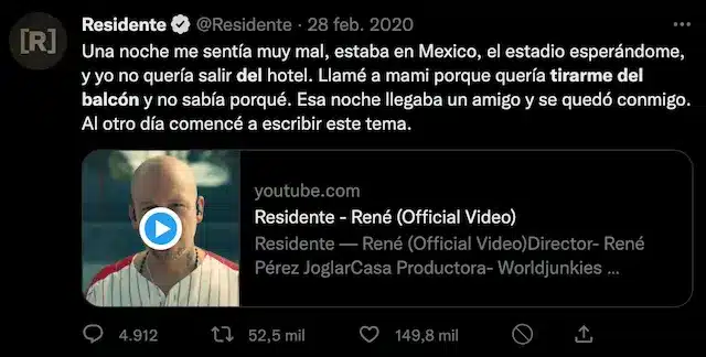 Una noche me sentía muy mal, estaba en Mexico, el estadio esperándome, y yo no quería salir del hotel. Llamé a mami porque quería tirarme del balcón y no sabía porqué. Esa noche llegaba un amigo y se quedó conmigo. Al otro día comencé a escribir este tema. - René